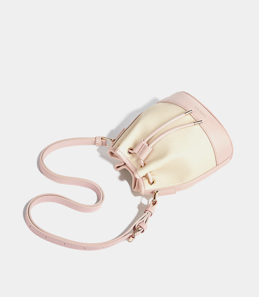 MOSSDOOM Alicia shoulder bucket bag, two-tone canvas and pink leather, front view.
