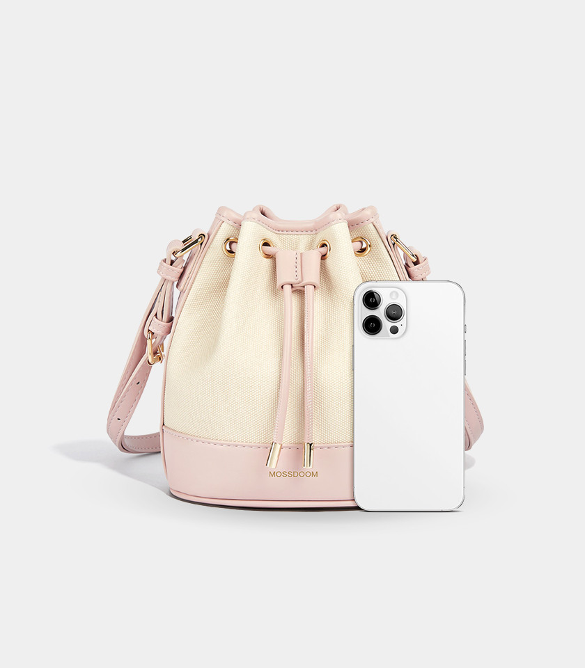 MOSSDOOM Alicia shoulder bucket bag, two-tone canvas and pink leather, front view.