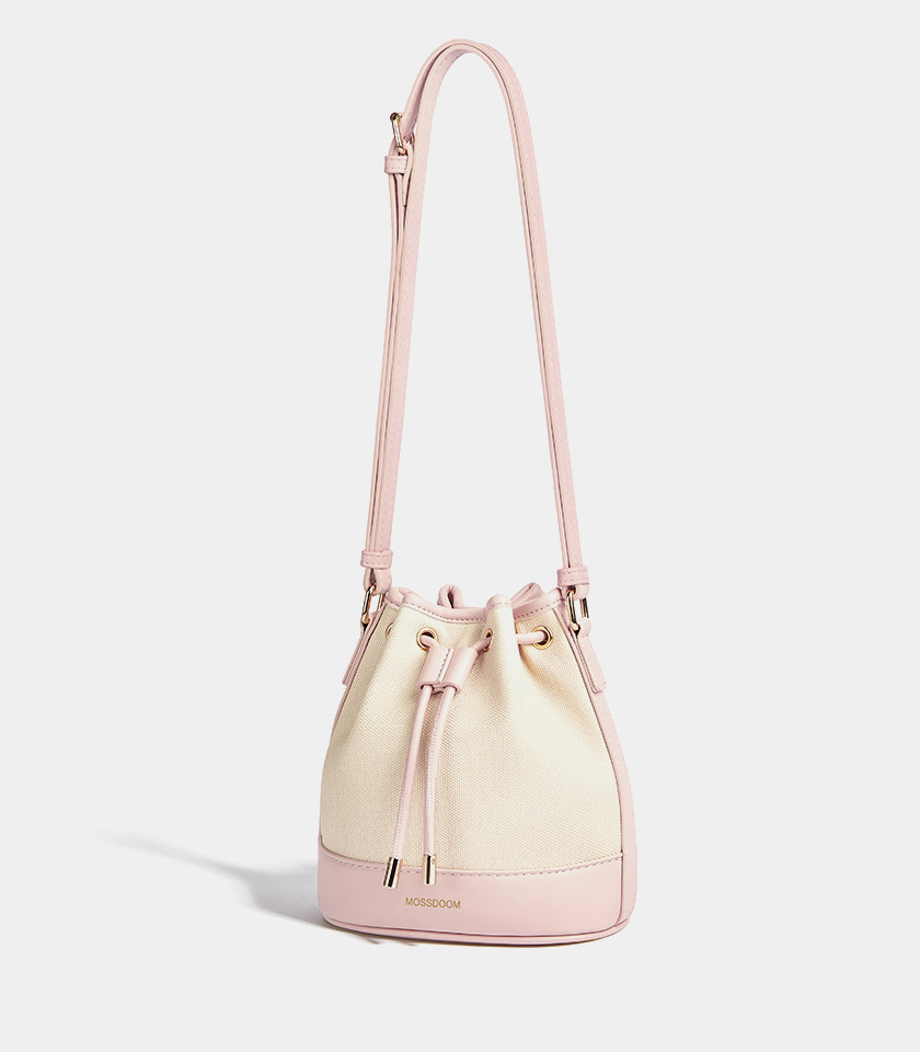 MOSSDOOM Alicia shoulder bucket bag, two-tone canvas and pink leather, front view.