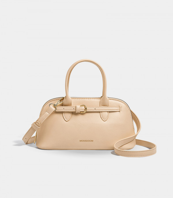 MOSSDOOM Alaura beige bowling handbag with shoulder strap, front view.
