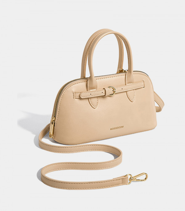 MOSSDOOM Alaura beige handbag, three-quarter view with its removable shoulder strap.