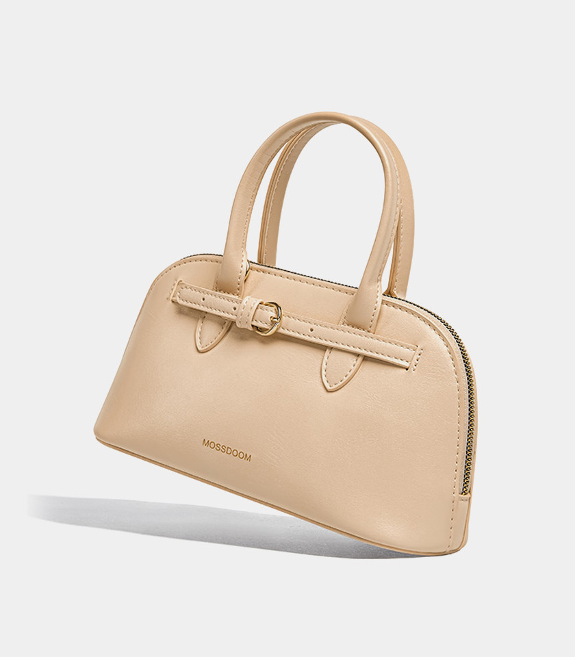 MOSSDOOM Alaura beige bowling handbag with shoulder strap, front view.