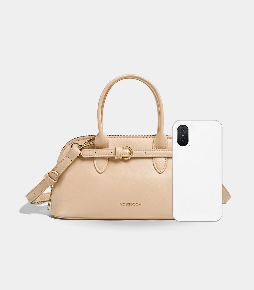 MOSSDOOM Alaura beige bowling handbag with shoulder strap, front view.