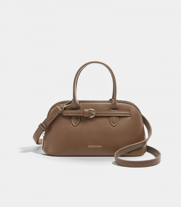 MOSSDOOM Alaura brown bowling handbag with shoulder strap, front view.