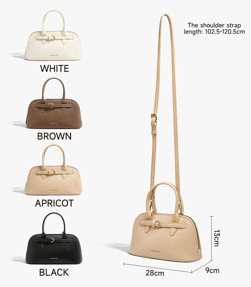 MOSSDOOM Alaura brown bowling handbag with shoulder strap, front view.