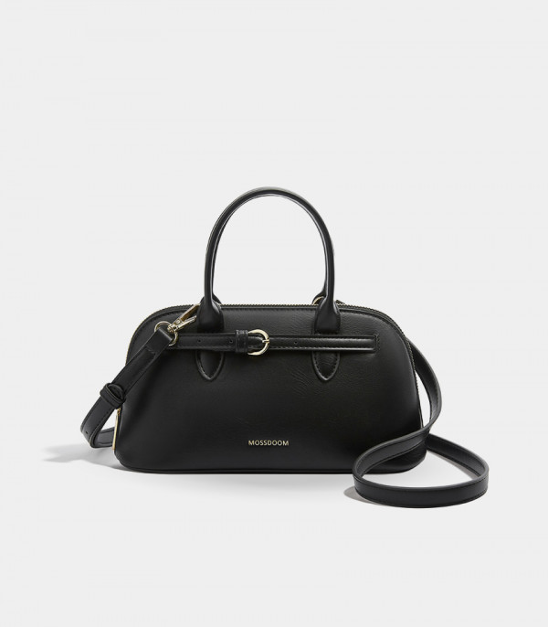 MOSSDOOM Alaura black bowling handbag with shoulder strap, front view.