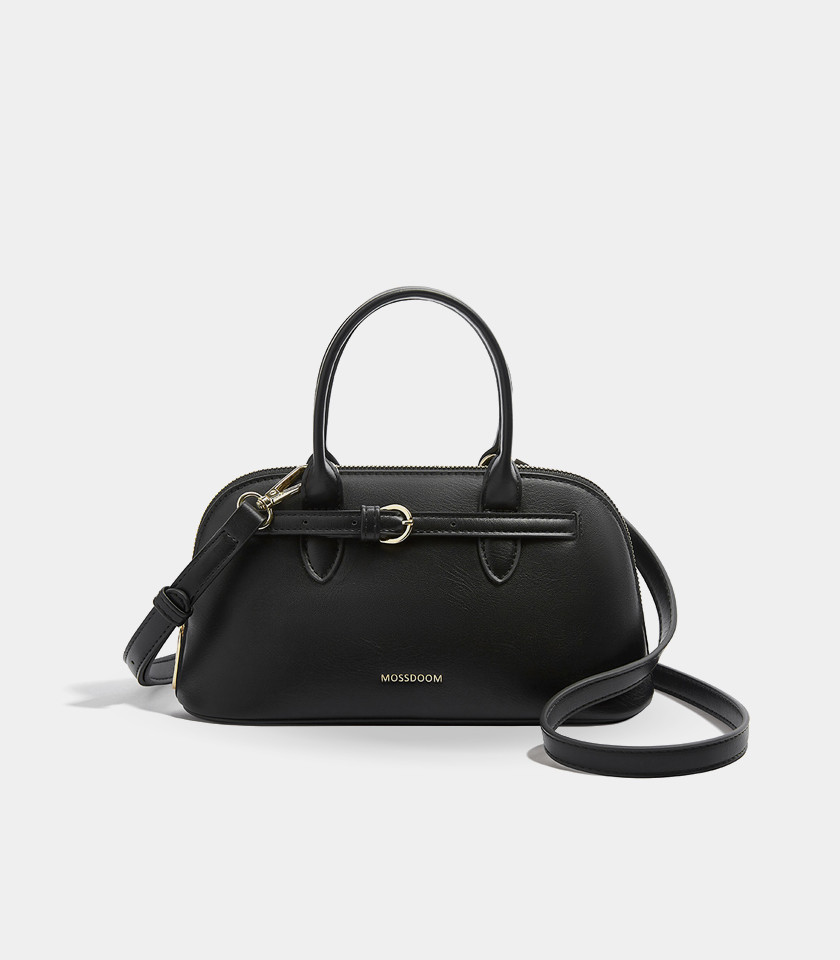MOSSDOOM Alaura black bowling handbag with shoulder strap, front view. MOSSDOOM Alaura black bowling handbag with shoulder strap, front view.