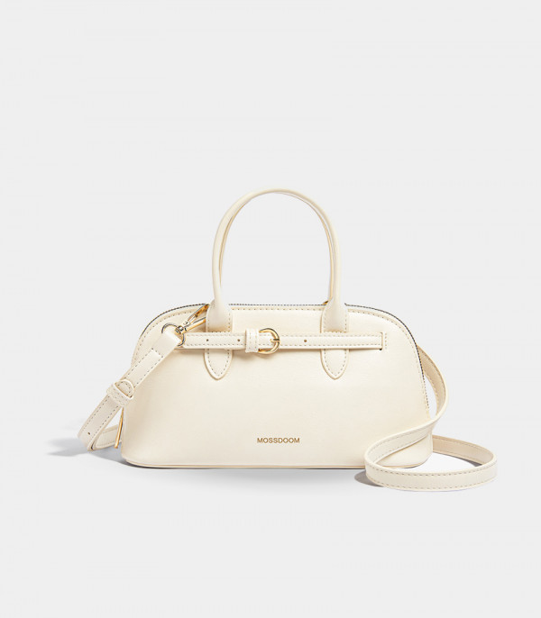 MOSSDOOM Alaura beige bowling handbag with shoulder strap, front view.