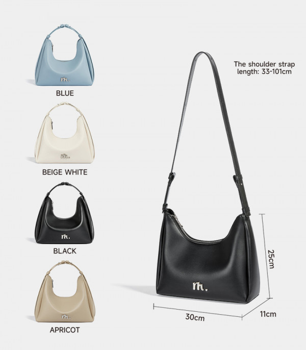 Infographic of the dimensions and four colors of the MOSSDOOM Deanna bag.