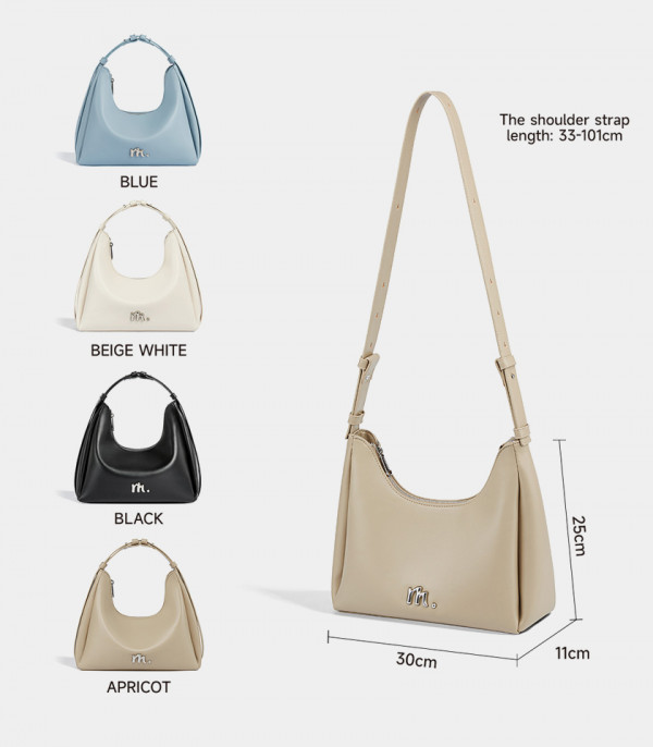 Infographic of the dimensions and four colors of the MOSSDOOM Deanna bag.