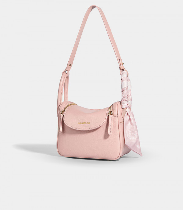 MOSSDOOM Zenith salmon crossbody bag with a decorative scarf on the handle.
