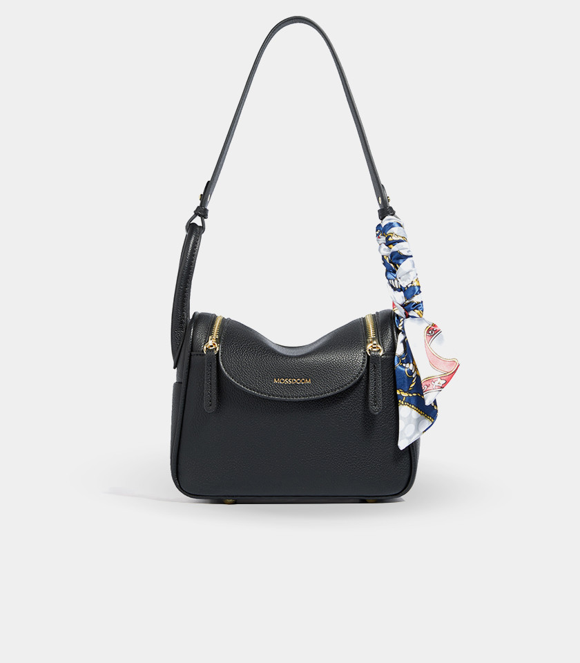 MOSSDOOM Zenith black crossbody bag with a decorative scarf on the handle.