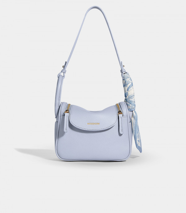 MOSSDOOM Zenith sky blue crossbody bag with a decorative scarf on the handle.
