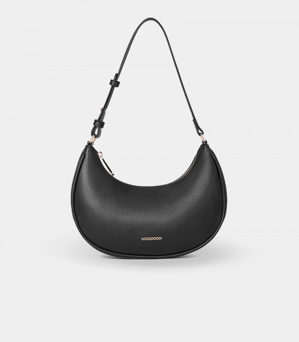 Borsa hobo curva MOSSDOOM Kattie in pelle vegana nera, vista frontale.