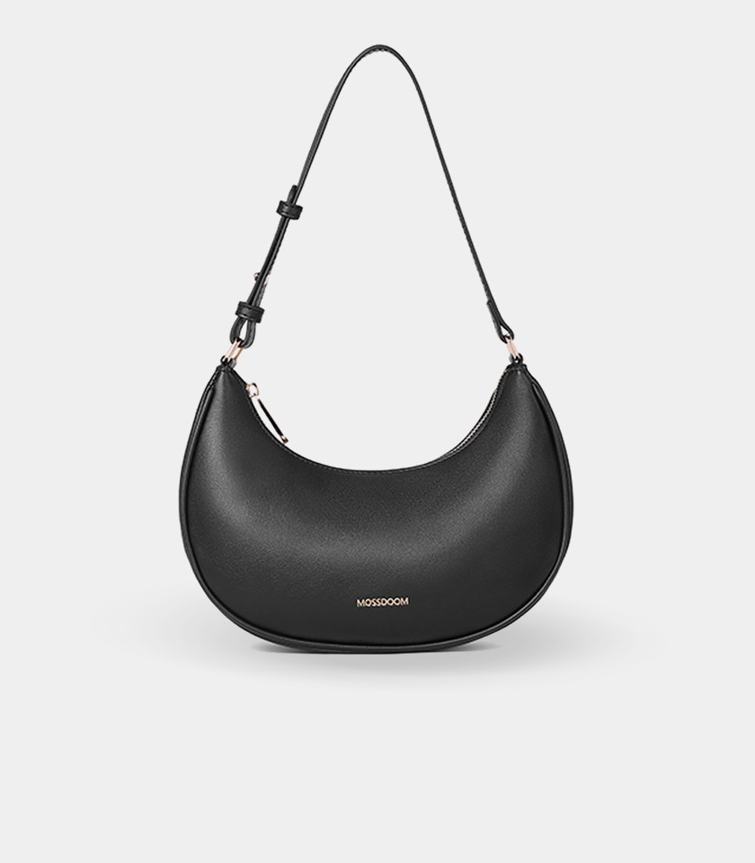 MOSSDOOM Kattie curved hobo bag in black vegan leather, front view.