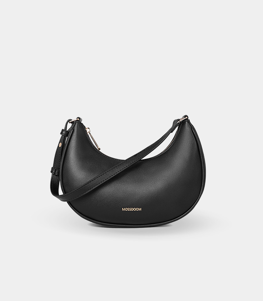 MOSSDOOM Kattie curved hobo bag in black vegan leather, front view.