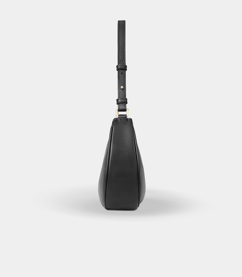 MOSSDOOM Kattie curved hobo bag in black vegan leather, front view.