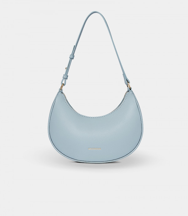 MOSSDOOM Kattie curved hobo bag in sky blue vegan leather, front view.