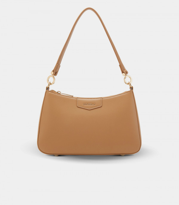 AMORETTA curved hobo bag – CHRISBELLA Camel COLOR, front view.