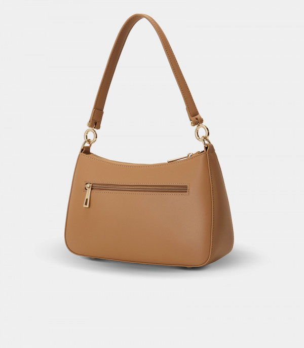 Back view of the AMORETTA curved hobo bag – CHRISBELLA Camel COLOR, with zippered pocket.