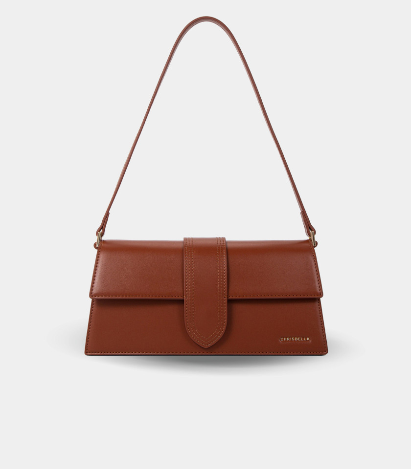 INVOLUCRO flap shoulder bag - CHRISBELLA Fawn color, front view.