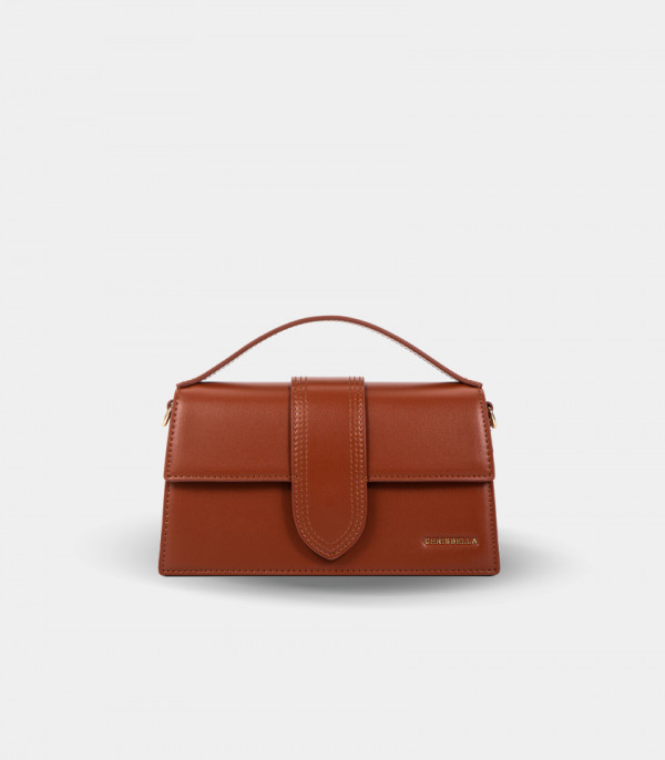 INVOLUCRO flap handbag – CHRISBELLA Fawn color, front view.
