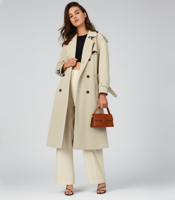 Model in a trench coat holding the INVOLUCRO handbag – CHRISBELLA Fawn color.