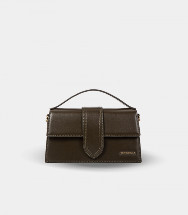 INVOLUCRO flap handbag – CHRISBELLA Khaki color, front view.