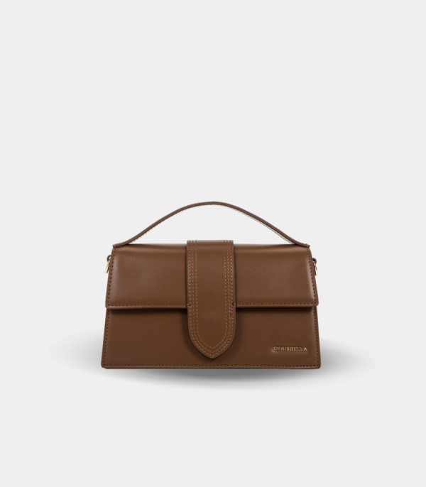 INVOLUCRO flap handbag – CHRISBELLA Coffee color, front view.