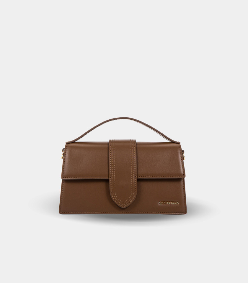 INVOLUCRO flap handbag – CHRISBELLA Coffee color, front view.