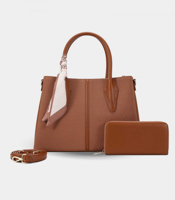 Set of the FASCINO structured handbag and matching wallet – CHRISBELLA Fawn color.
