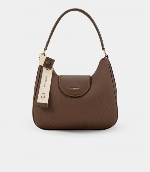 Borsa a tracolla in tela SPALLA – CHRISBELLA colore Caffè, vista frontale.