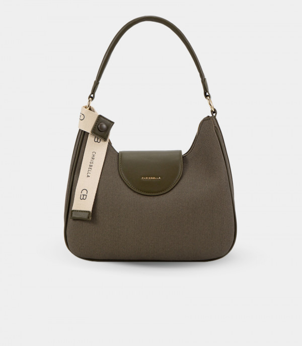 SPALLA canvas shoulder bag – CHRISBELLA Khaki color, front view.