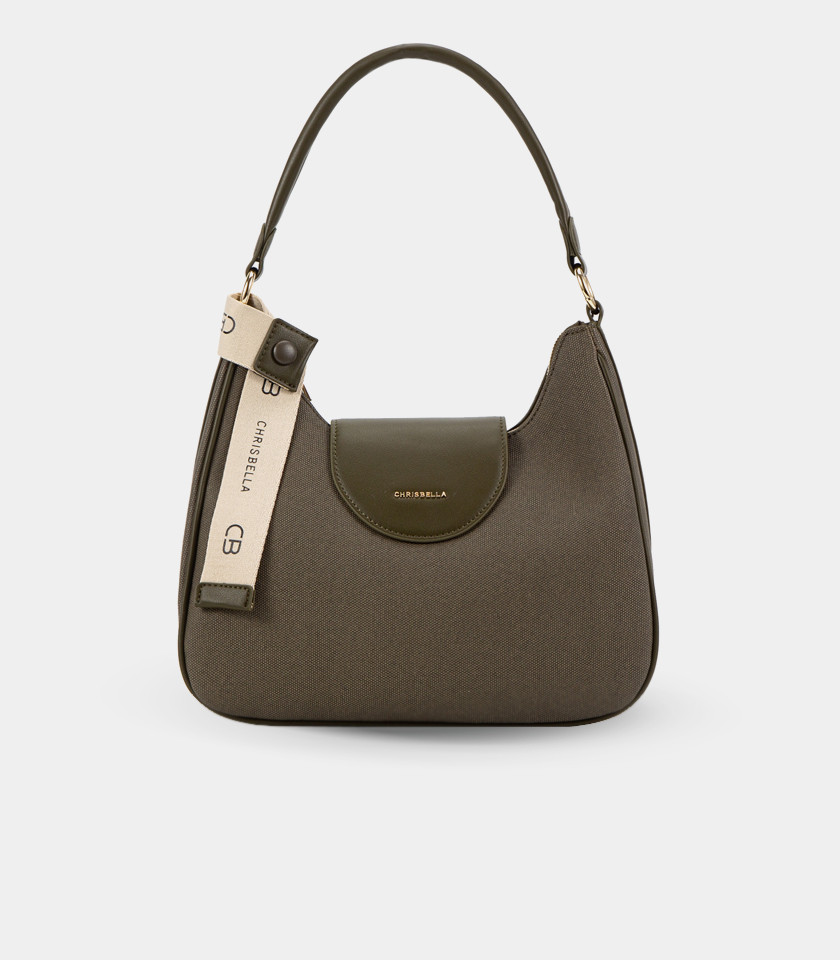 Borsa a tracolla in tela SPALLA – CHRISBELLA colore Cachi, vista frontale.
