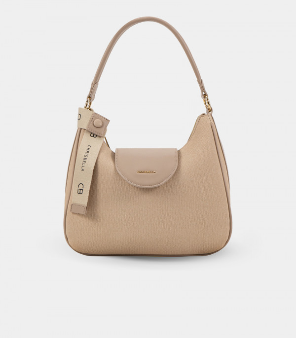 Borsa a tracolla in tela SPALLA – CHRISBELLA colore Avorio, vista frontale.