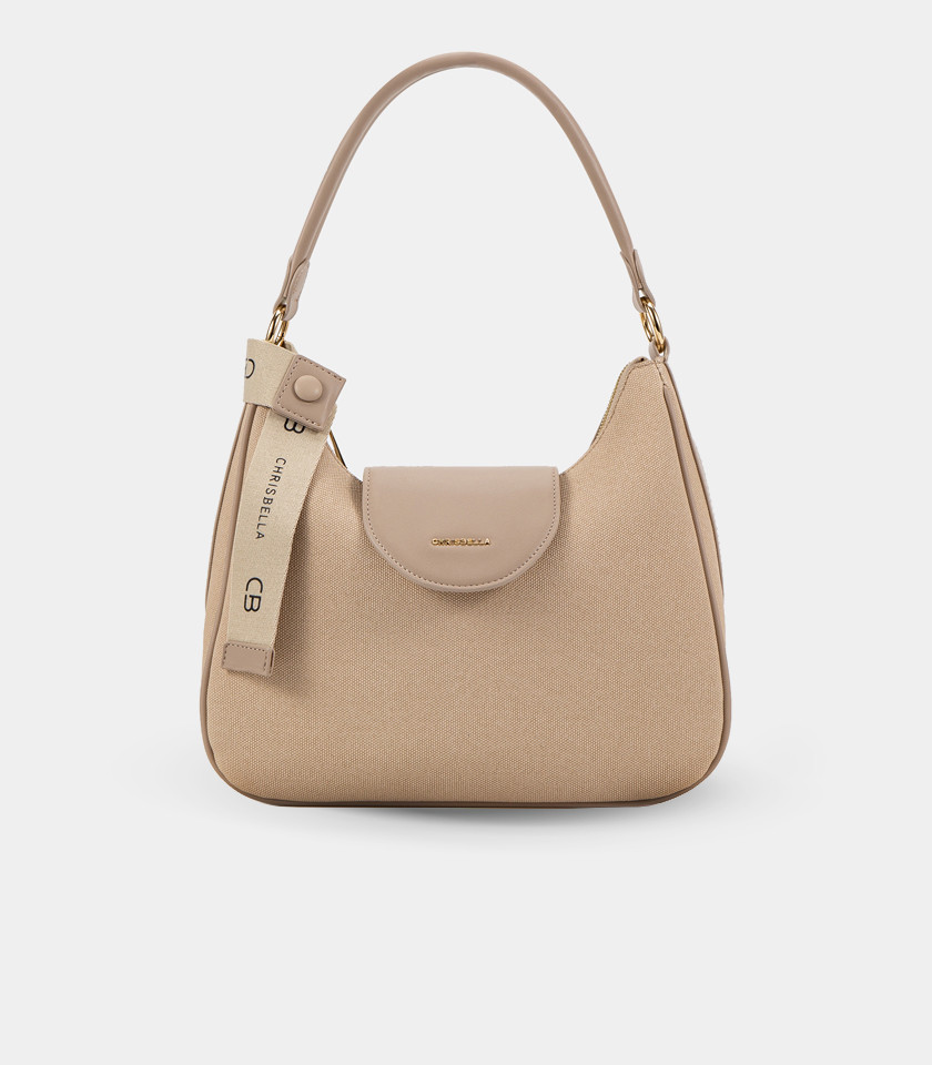 SPALLA canvas shoulder bag – CHRISBELLA Ivory color, front view.