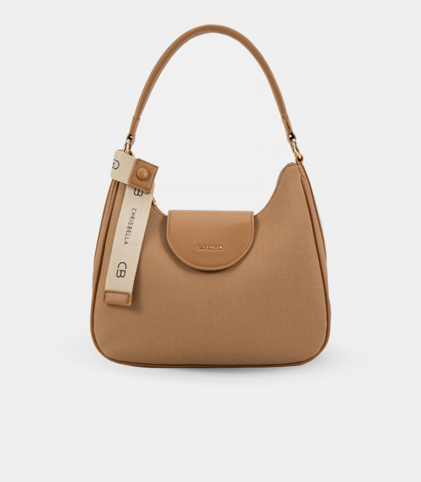 SPALLA canvas shoulder bag – CHRISBELLA Camel color, front view.