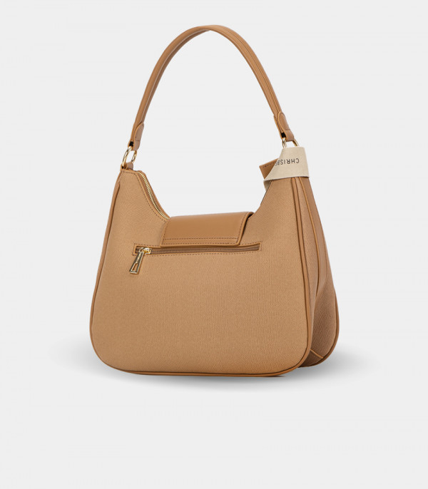 Back view of the SPALLA canvas shoulder bag – CHRISBELLA Camel color, with zippered pocket.