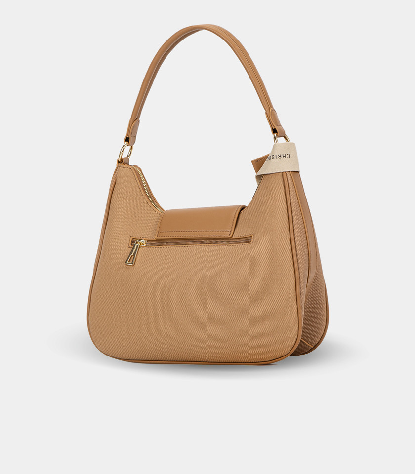 SPALLA canvas shoulder bag – CHRISBELLA Camel color, front view.