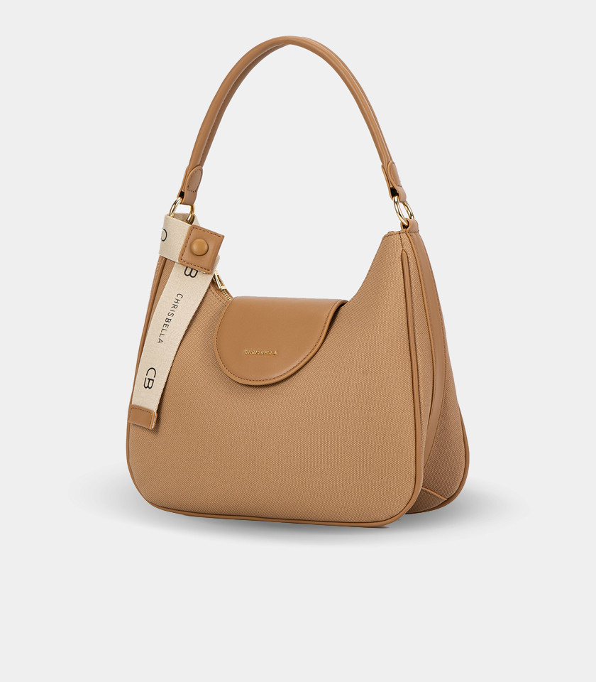 Borsa a tracolla in tela SPALLA – CHRISBELLA colore Cammello, vista frontale.