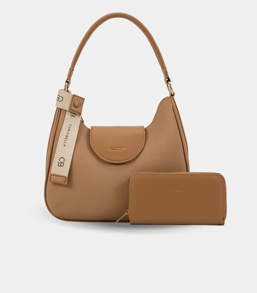 Borsa a tracolla in tela SPALLA – CHRISBELLA colore Cammello, vista frontale.