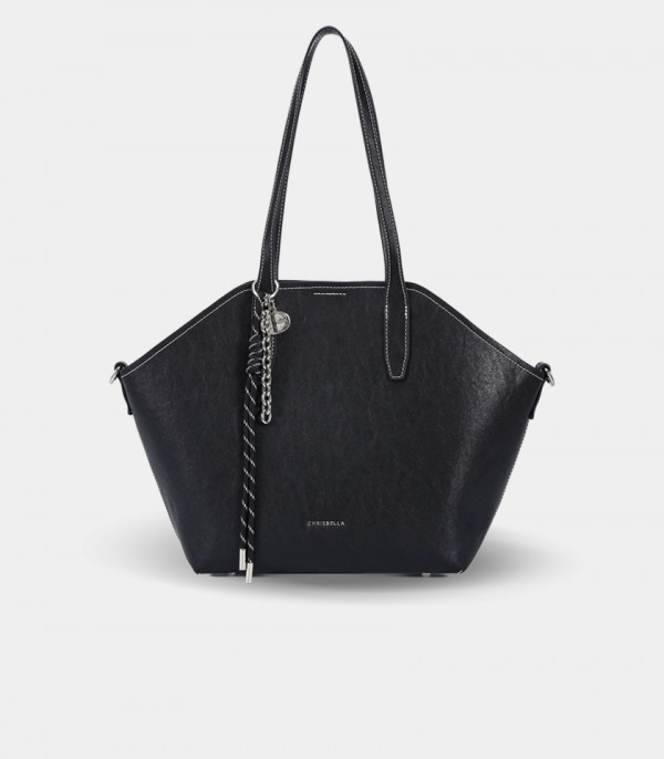 Tote bag TRAPEZIO – CHRISBELLA couleur Noir, vue de face avec breloque.