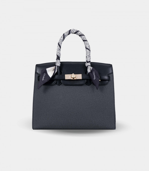 RAFFINATO structured handbag – CHRISBELLA Black color, front view with scarf.