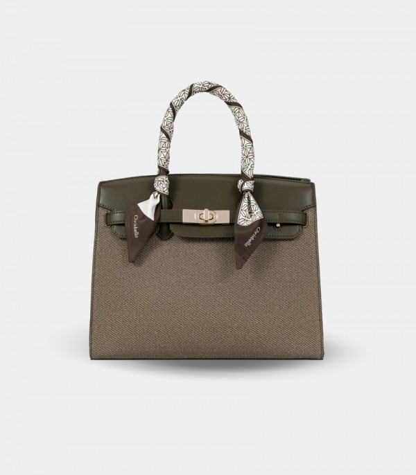 RAFFINATO structured handbag – CHRISBELLA Khaki color, front view with scarf.