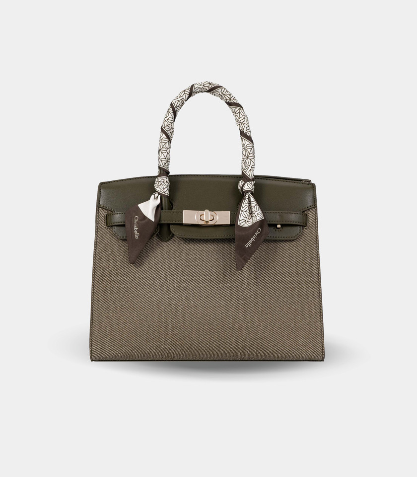 RAFFINATO structured handbag – CHRISBELLA Khaki color, front view with scarf.