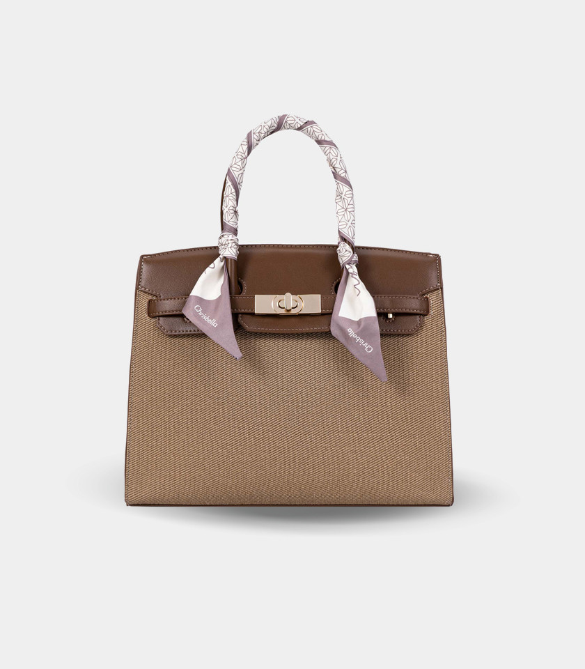 RAFFINATO structured handbag – CHRISBELLA Coffee color, front view with scarf.