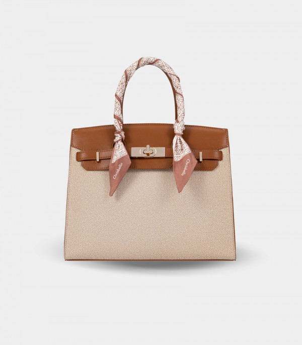 RAFFINATO structured handbag – CHRISBELLA Cream color, front view with scarf.