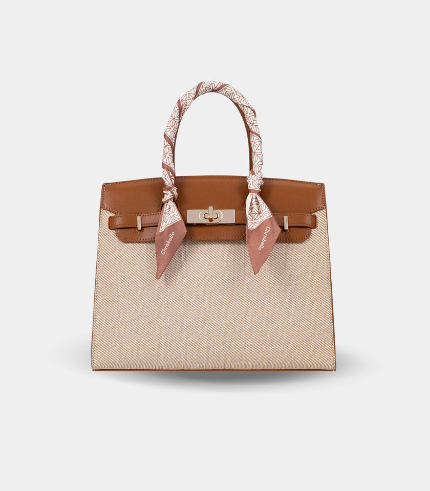 Sac à main structuré RAFFINATO – CHRISBELLA couleur Crème, vue de face avec foulard.