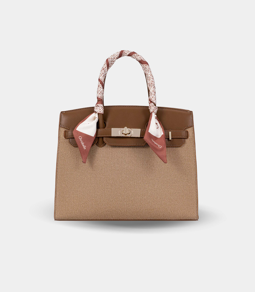RAFFINATO structured handbag – CHRISBELLA Camel color, front view with scarf.