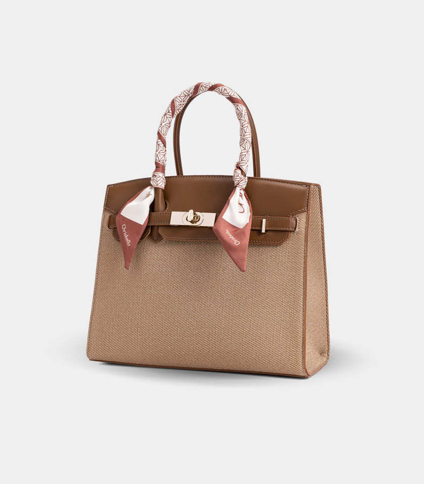 RAFFINATO structured handbag – CHRISBELLA Camel color, front view with scarf.